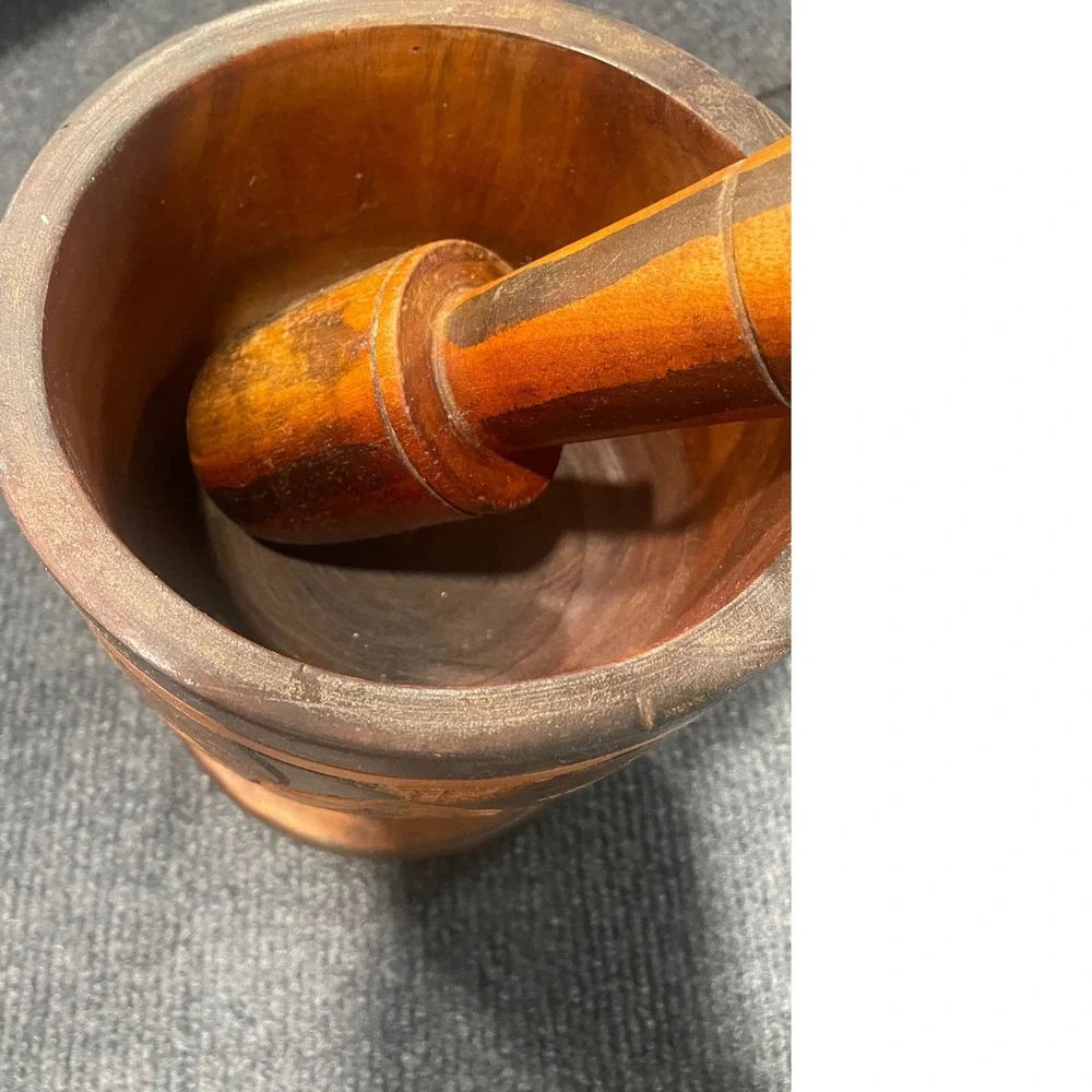 Hand Carved Wooden Mortar and Pestle Set Floral Design Rustic Brown Kitchen Tool